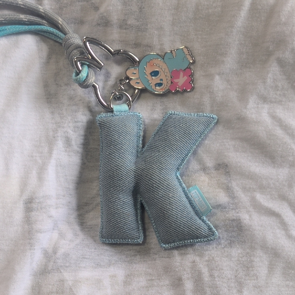 Blue Denim Letter 'K' Keychain labubu Pink For Love Open